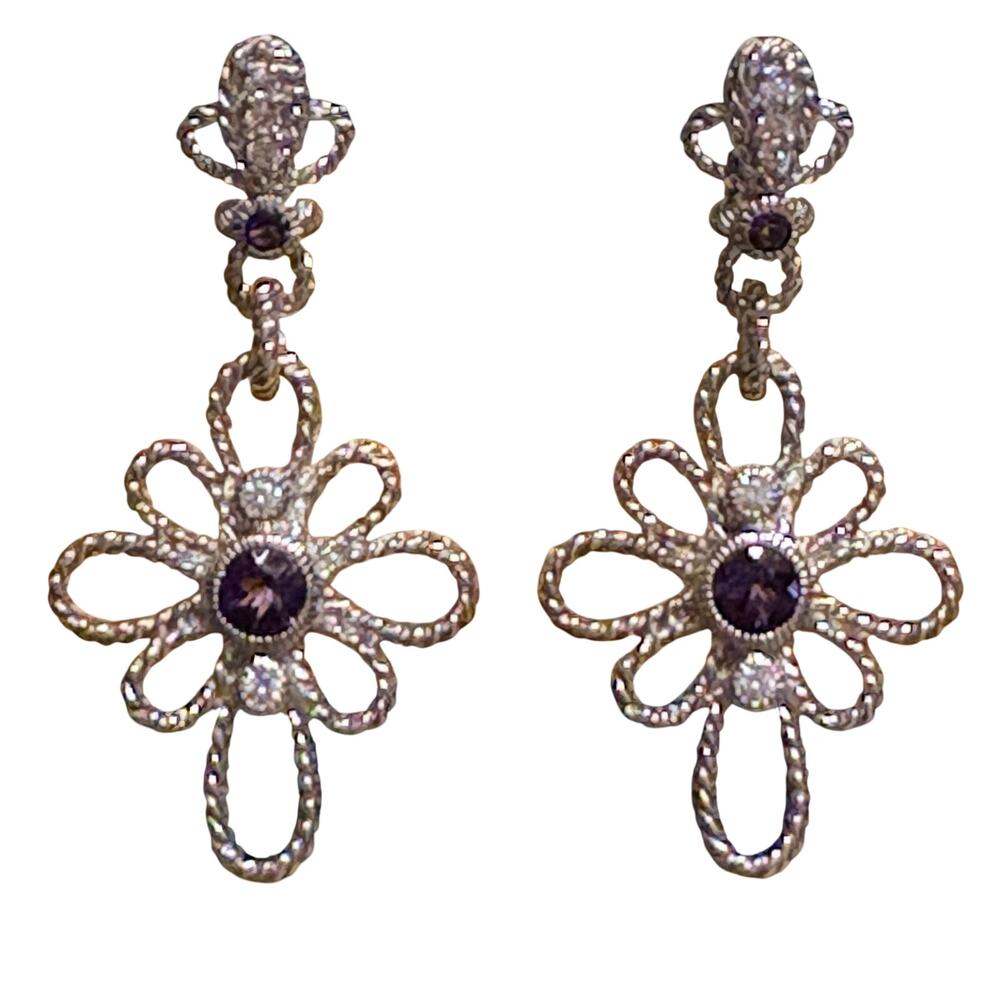 Judith Ripka Earrings Sterling Silver, Amethyst & CZ's w/ Roping Dangle/Drop